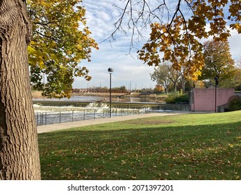 Pink Building Facing The Flint River In Downtown Flint Michigan 