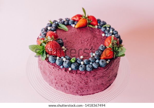 Pink Cake Decoration Sweets Strawberry Blueberry Stock Photo Edit