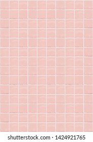 Pink Ceramic Square Mosaic Tiles Texture Background. Pink Bathroom Wall Tile. Vertical Picture.