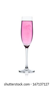 Pink Champagne Glass With Reflection Isolated On A White Background