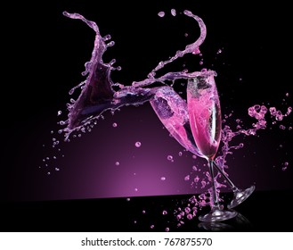 Pink Champagne Splash On A Black Background