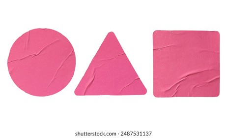 Pink circular, triangular and square paper sticker on white background with clipping path
