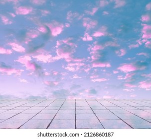 Pink Clouds, Blue Sky, Gray Floor. Neon Dramatic Background.