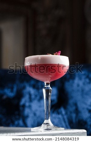 Pink Clover Club Cocktail in Coupe Glass with Layer of Foam and flower Garnish isolated on dark Background.