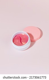 Pink collagen hydrogel eye patches in a jar. Cosmetics for the care of the skin around the eyes, lifting.