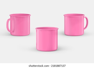 Pink Color Mug Mockup Isolated On Grey Background With Left, Right  Center View.