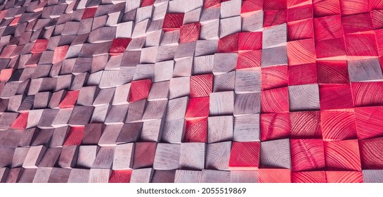 Pink Color Wood Block Wall Cubic Texture Background . Modern Contempolary Woodwork Wallpaper Artwork Design .