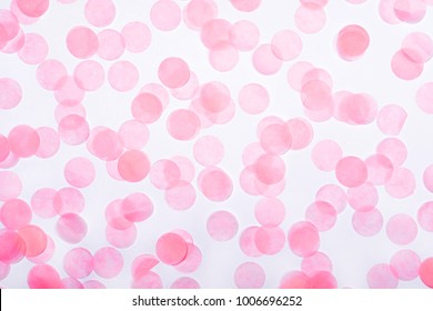 Pink Confetti On White Background. Valentine's Day Background.