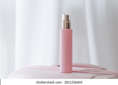 Pink Cosmetic Bottle On White Background. Commercial Beauty Product Photography. Brand Package Mockup. 