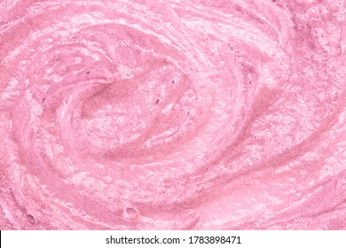 Pink Cream Texture. The Surface Of Berry Yogurt And A Smoothie Of Whipped Cream. Background Texture Of Masks And Scrubs For Face And Body. Pearlescent Silver Surface Of Pink Foam.