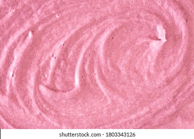 Pink Cream Texture. The Surface Of Berry Yogurt And A Smoothie Of Whipped Cream. Background Texture Of Masks And Scrubs For Face And Body. Pearlescent Silver Surface Of Pink Foam.