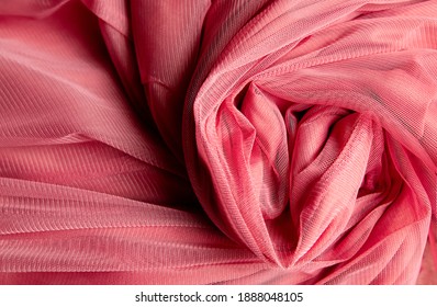 Pink Crumpled Tulle Fabric. Fabric Background