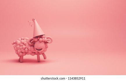 Pink Cute Cartoon Sheep Smile Wearing Party Hat. Design Creative Concept Of Islamic Celebration Eid Adha Or Happy Birthday. 