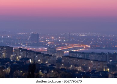 Pink Dawn Dusk Sky Above Big City. Sunrise Early Morning Cityscape Light