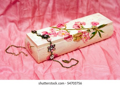 Pink Decoupage Box With Painted Flowers And A Bijouterie