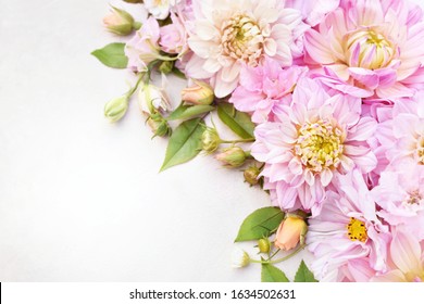 Pink delicate blossoming dahlias, summer blooming flowers festive background, pastel and soft bouquet floral card, selective focus, toned - Shutterstock ID 1634502631
