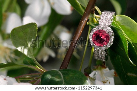 Pink diamond tourmaline engagement ring hidden amongst tree blooms