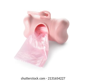 Pink Dispenser With Pet Waste Bags Isolated On White Background