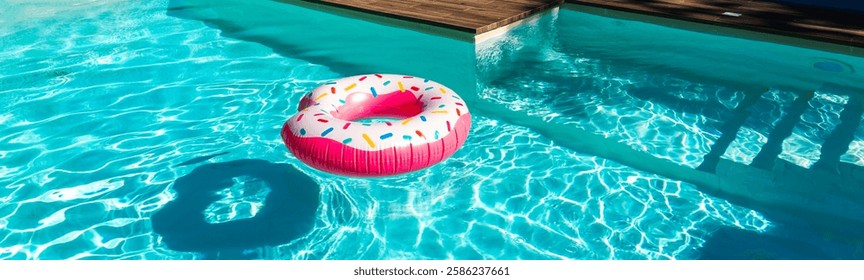 Pink donut inflatable float in turquoise swimming pool with shadow, wooden deck, and submerged steps