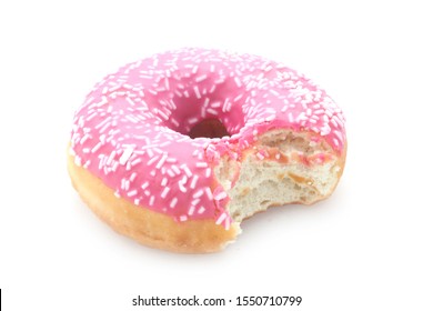 Pink Doughnut With A Bite Missing Isolated On White