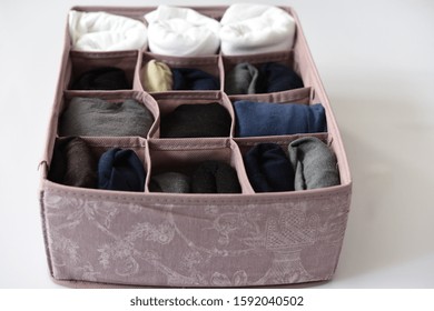 Pink Drawer Organizer. Filled With Underwears And Socks. 