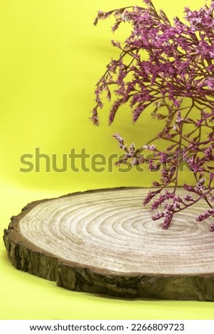 Pink dried flowers on wooden board on yellow background. Copy space. Close-up. Selective focus.
