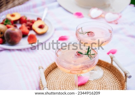 Pink drinks, cocktail with ice, raspberry, rosemary. Two glasses with martini, champagne, cider, lemonade on the blanket with fruit plate, picnic basket. Cozy summer picnic on nature. Selective focus