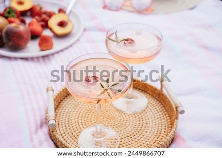 Pink drinks, cocktail with ice, raspberry, rosemary. Two glasses with martini, champagne, cider, lemonade on the blanket with fruit plate, picnic basket, Cozy summer picnic on nature. Selective focus.