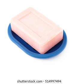 Pink Dry Soap Bar In Dish Isolated Over White Background