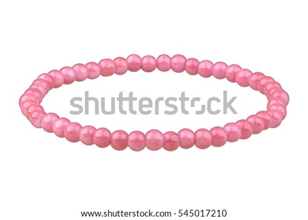 Pink elastic bracelet made of very small pearl-like round beads, isolated on white background, clipping path included