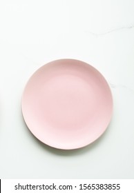 Pink Empty Plate On Marble, Flatlay - Stylish Tableware, Table Decor And Food Menu Concept. Serve The Perfect Dish