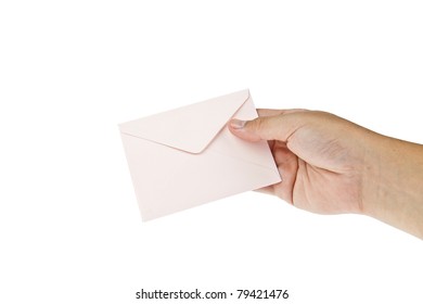 Pink envelop with hand isolated on white background - Shutterstock ID 79421476