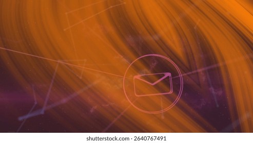 Pink envelope icon floating in interface, with orange-purple streaks and faint network connections. Abstract, digital, futuristic, communication, technology, network, connectivity