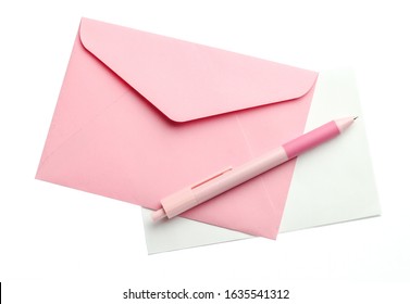 Pink Envelope With A Letter And Pen Isolated On White Background.