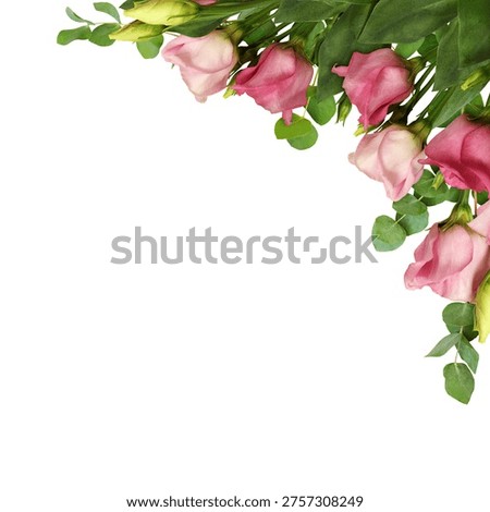 Pink eustoma flowers and eucalyptus green leaves in corner floral arrangement isolated on white background