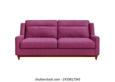 Pink fabric sofa on wooden legs isolated on white background. Series of furniture