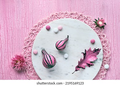 Pink Fall Decor. Panoramic Banner Image. Stripy Pumpkins, Dry Autumn Leaves, Flowers On A White Plate. Fuchsia Painted Objects On Pink Textured Background. Monochromatic Flat Lay On Marble Circle