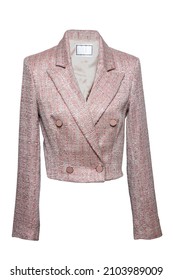 Pink Female Jacket. Close-up Of A Modern Elegant Stylish Tweed Blazer Isolated On White Background. Made From Virgin Wool, The Tweed Fabric Originates From Scotland.