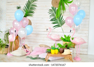 Pink Flamingo. Decorations For Holiday Party. A Lot Of Balloons Pink And White Colors.