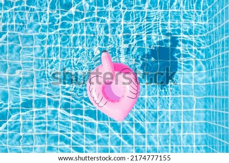 Pink flamingo floating in blue swimming pool at sunny day. Inflatable ring, rest and summer vacation concept