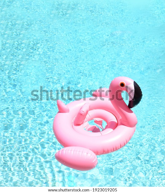Pink flamingo raft in\
pool