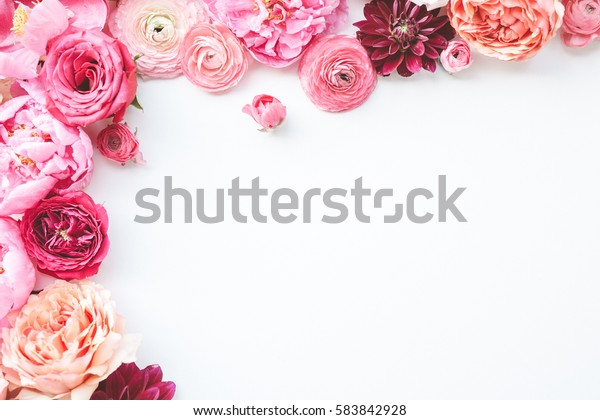 Pink floral / assorted pink flower border on\
white background