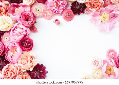 Pink flower frame with white background, peony, ranunculus, garden rose, dahlia, roses with red, peach, blush, magenta, fuchsia floral theme