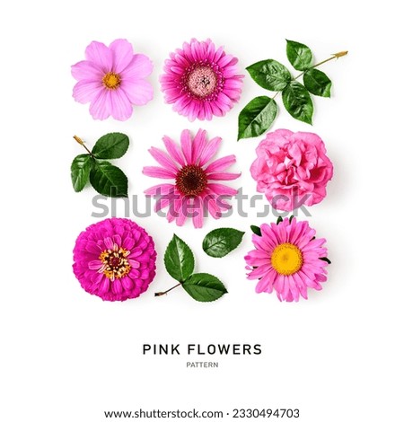 Pink flower and leaves creative pattern and layout. Gerbera, echinacea, aster, zinnia, cosmos and rose flowers set isolated on white background. Design element. Top view, flat lay 