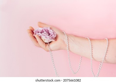 Pink Flower, Rose In A Man's Hand. Male Beauty And Health Concept, Selfcare Trend