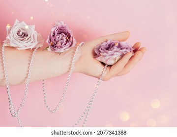 Pink Flower, Roses In A Man's Hand. Male Beauty And Health Concept, Selfcare Trend