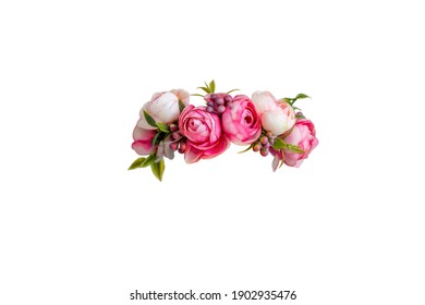 Pink Flower Wreath Of Artificial Roses Isolated On White Background