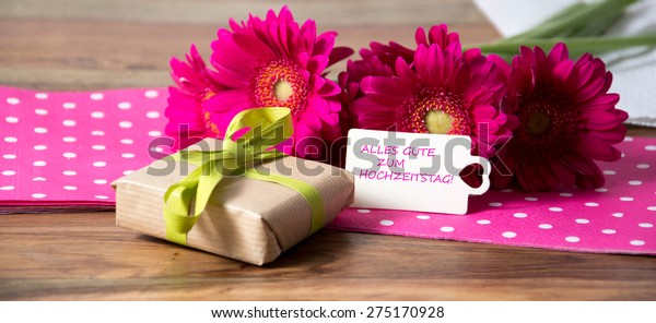 Pink Flowers Card Lettering Happy Wedding Stock Image Download Now