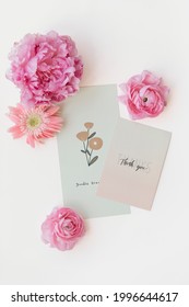 Pink flowers with cards mockup