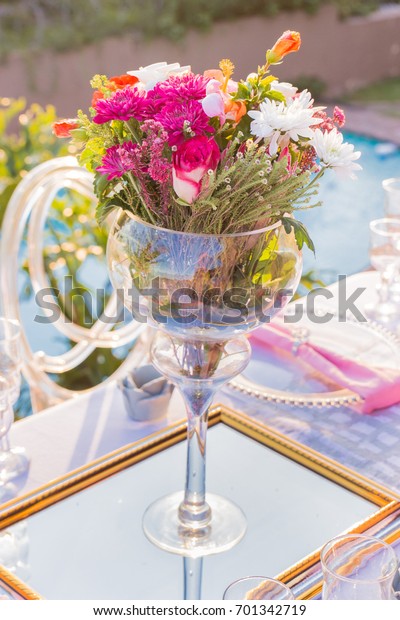 Pink Flowers Large Wine Glass Vase Stock Photo Edit Now 701342719